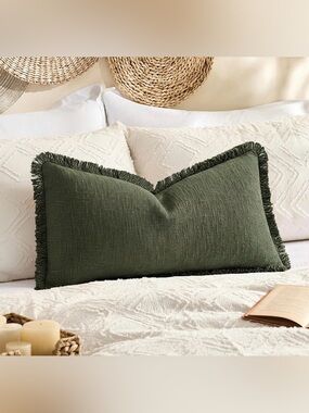 Decorative Lumbar Pillow Cover with Fringe 14x24” (1-pack) OLIVE GREEN